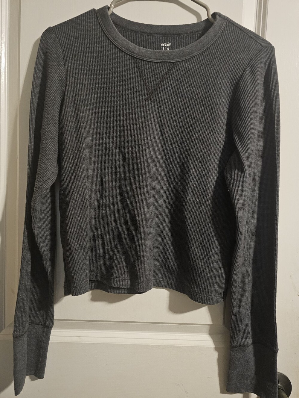 aerie Dark Gray Waffle-Knit Crewneck Sweater